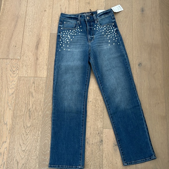 Embellished High-Rise Jeans Washed Denim Rhinestone Straight Jeans - Picture 9 of 11